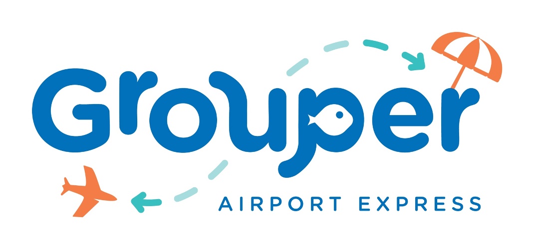 Grouper Airport Express logo with a fish in the 'o,' an airplane, and a beach umbrella.